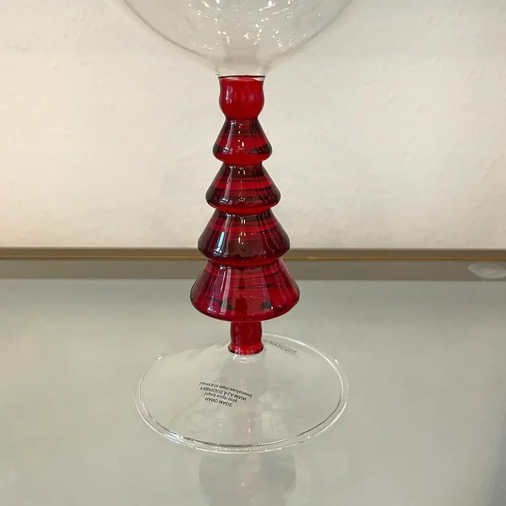 Red Christmas Tree Stem Wine Glass Set of 2 Holiday Glam 16oz NEW